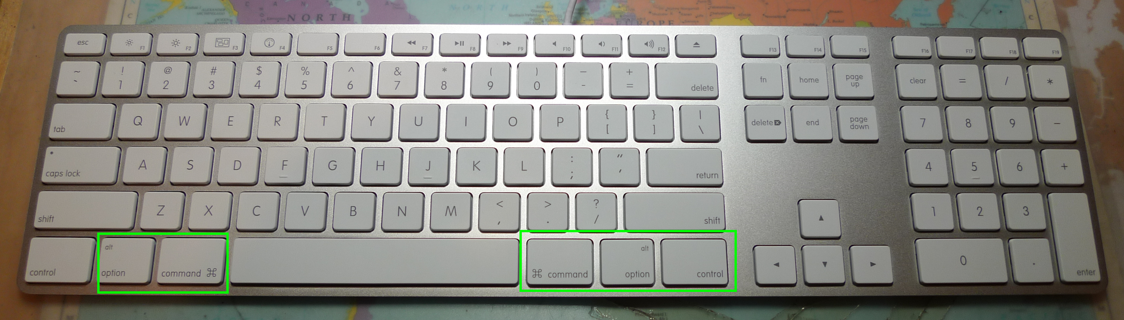 Apple keyboard with Command and Alt in green